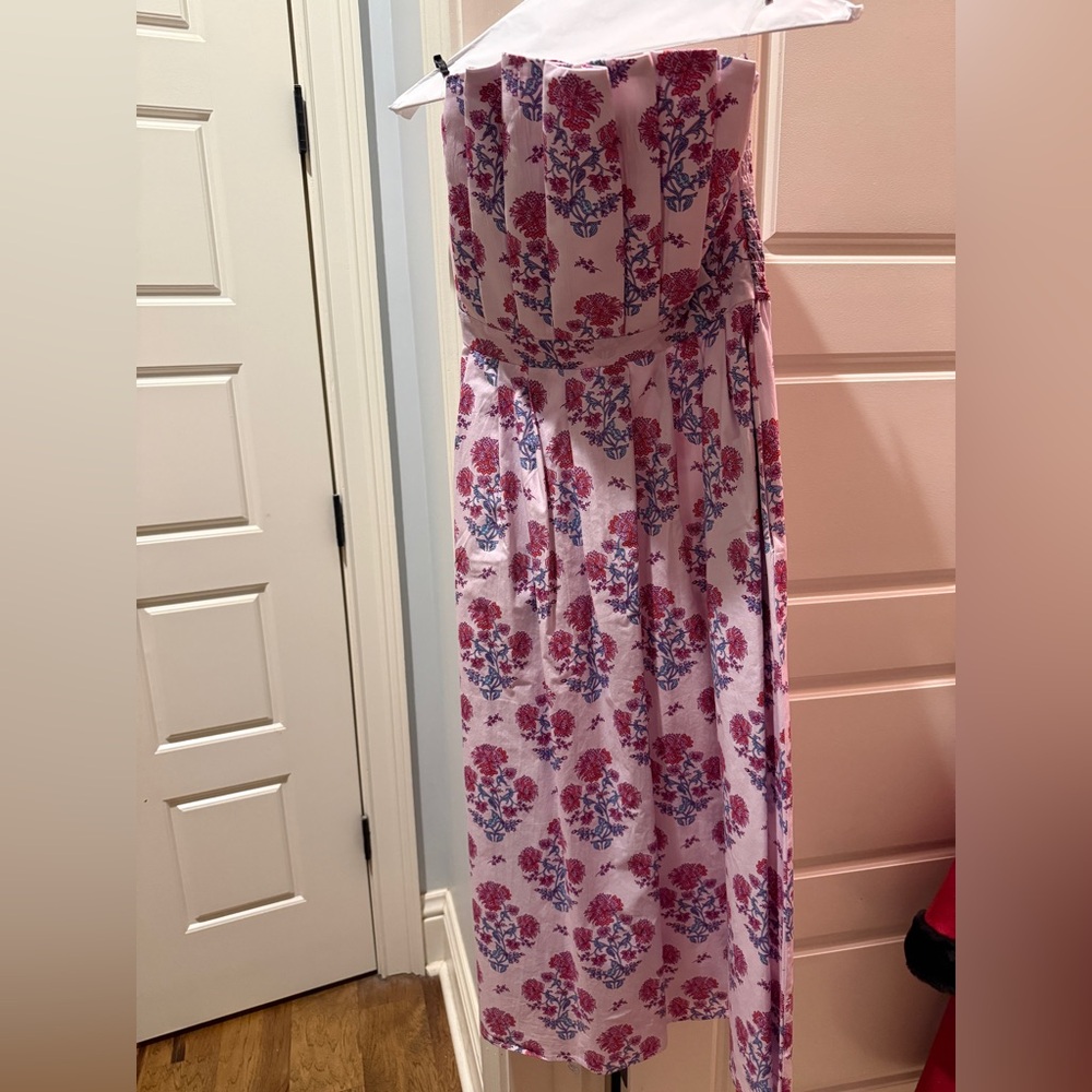 Pants Store Floral Strapless Midi Dress in Light Pink and Fuchsia